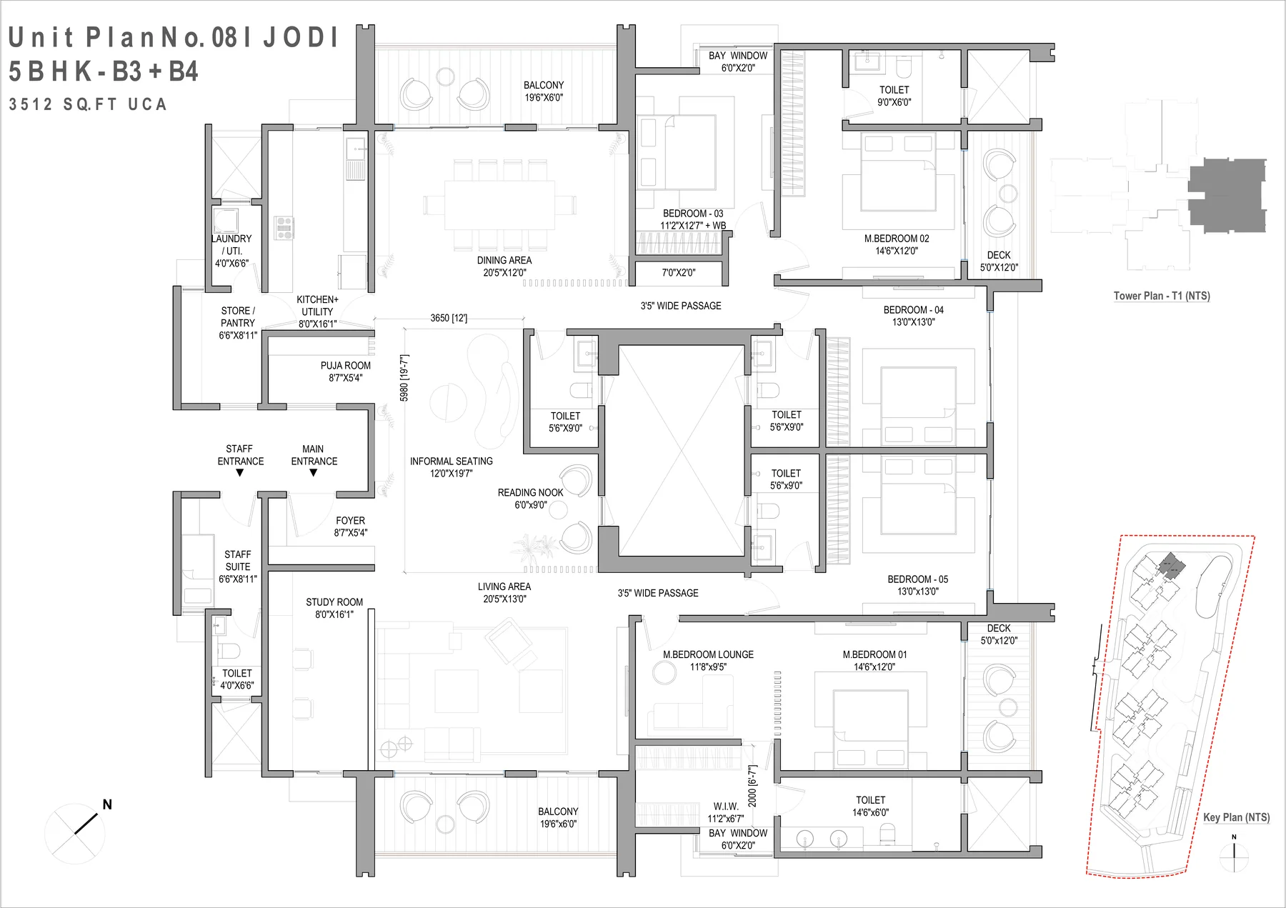 Supplied Jodi 5 BHK B3 plus B4 unit plan showing 3512 sq ft UCA