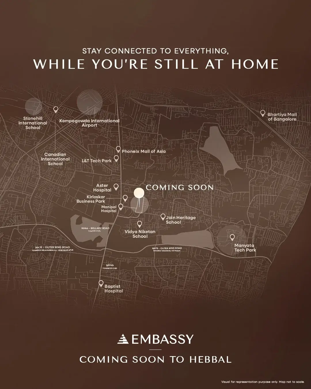 Embassy Astra Hebbal location map with airport, tech parks, schools, hospitals and malls