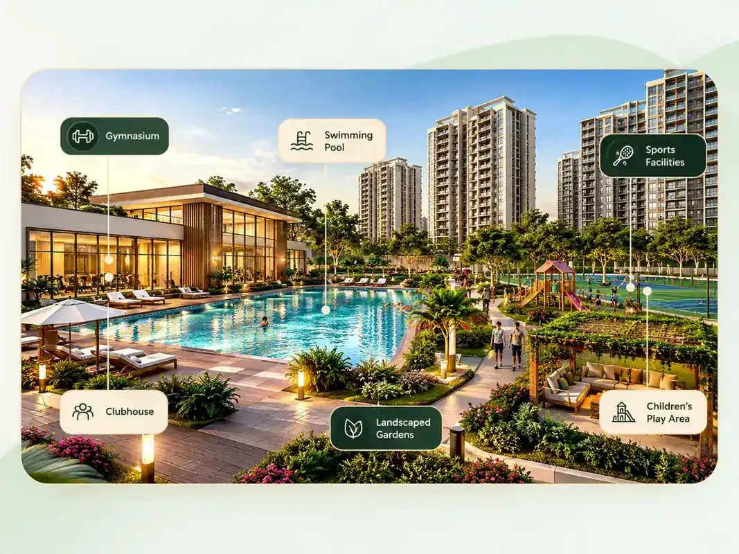 Godrej MSR City Phase 2 amenities with swimming pool, clubhouse, sports facilities and landscaped gardens