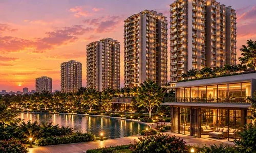 My Home Seegehalli residential tower elevation at sunset