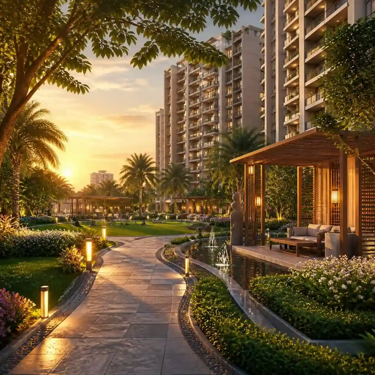 Landscaped walkway at Sattva City Doddajala