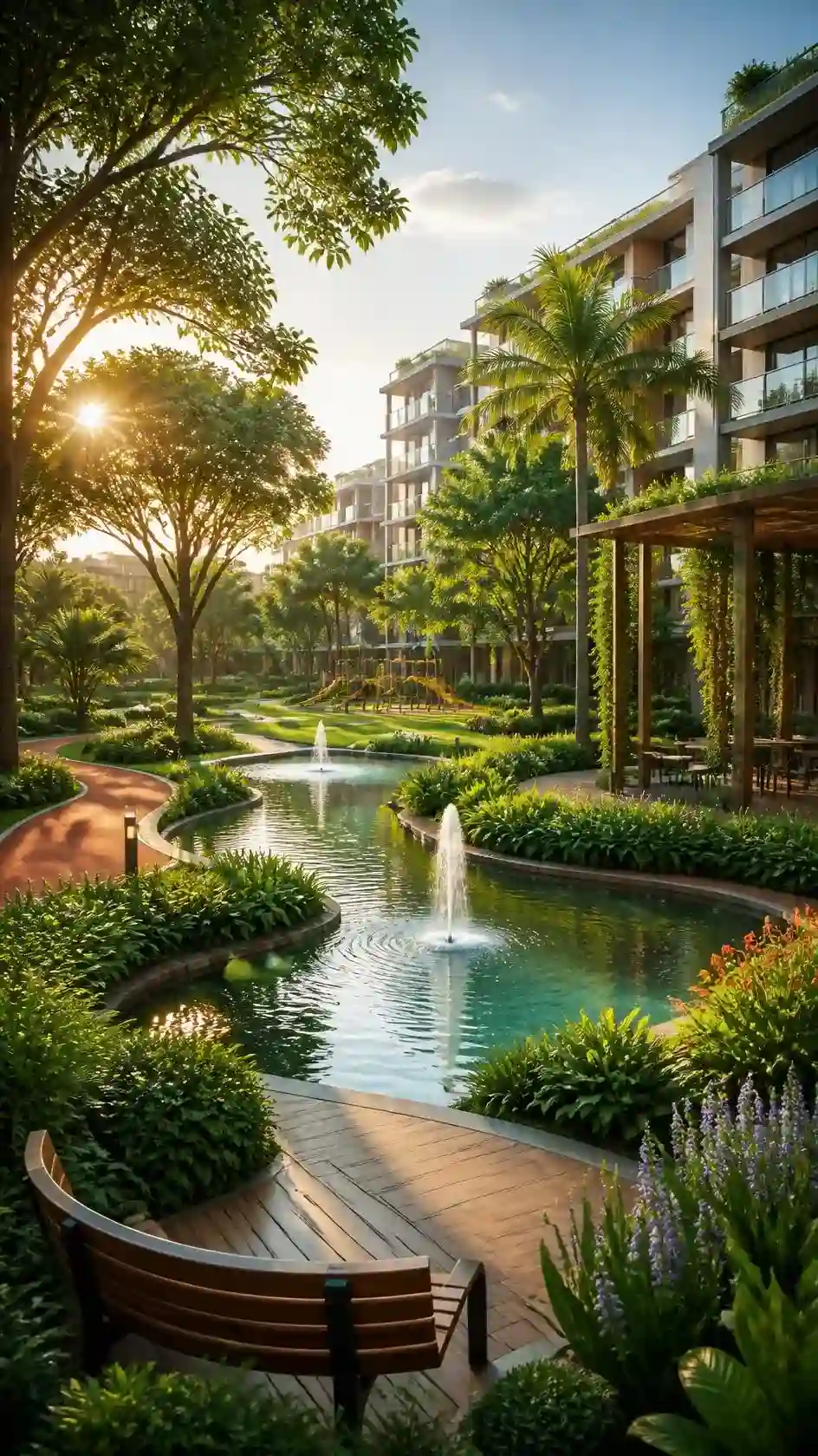 Landscaped water feature at Sattva City Doddajala